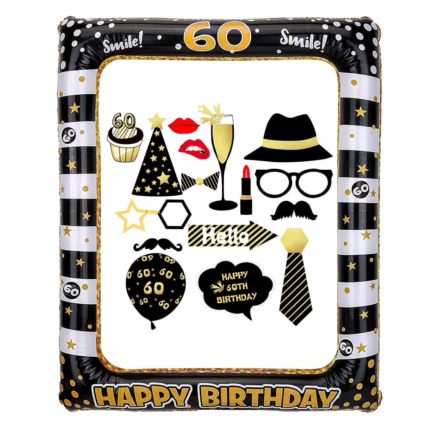 60th Birthday Inflatable Selfie Frame and Photo Booth Props Giant Black Gold Blow Up Decorations for Ladies Mens Birthday Party Supplies Theme Party Kit