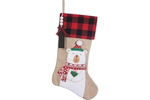 TWSANTAMAS Christmas Stockings Personalized, 20" Burlap Plaid Xmas Stocking with Wooden Tags DIY Name,Farmhouse Holiday Decoration Gifts（Bear）