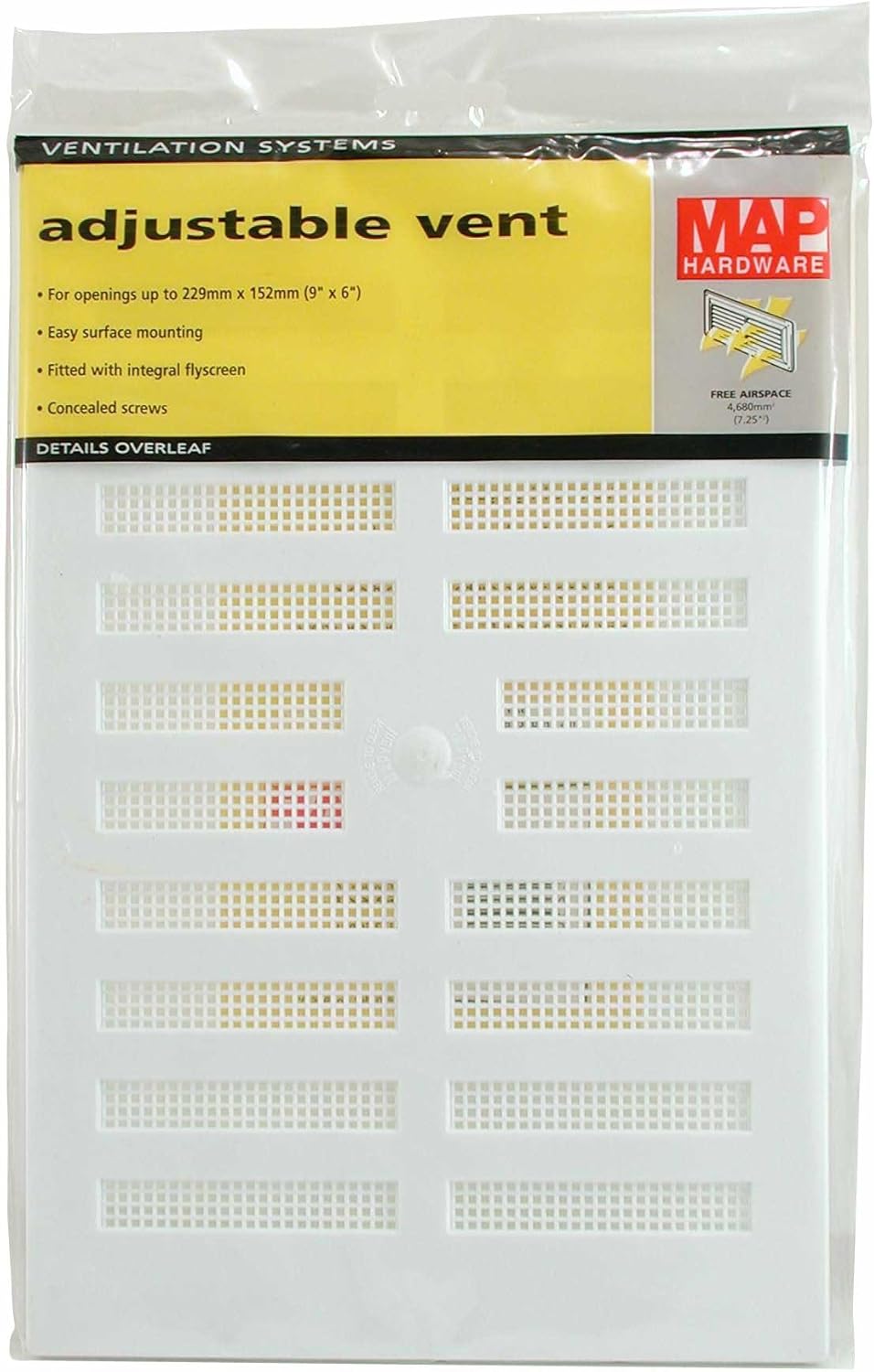 Map Adjustable Air Vent with Flyscreen Cover, 9" x 6" (229mm x 152mm), Hit & Miss Double Brick Ventilation Cover, White - Image 3