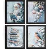 DSHFG Winter Christmas Wall Art Prints Xmas Santa Claus Decor Prints 8x10 | Blue Christmas Wall Decor for Home Batroom Bedroom Living Room, Winter Book Bird Posters, Unframed 4Pcs