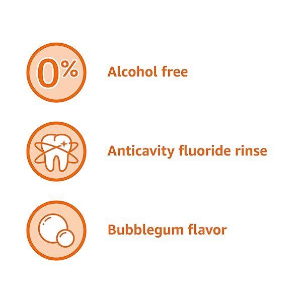 AMAZON BASICS KIDS MOUTHWASH WITH FLUORIDE, ANTICAVITY, ALCOHOL-FREE BUBBLE GUM FLAVOR, CAVITY PREVENTION, 18 FL OZ