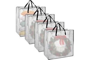 Kokone Wreath Storage Container 4 Pcs Square Clear Christamas Wreath Storage Bag with Handle 24'' Dual Zippered Wreath Bag for Festival Waterproof Nylon Wreath Protector for Wreath,Decorations,Pillows