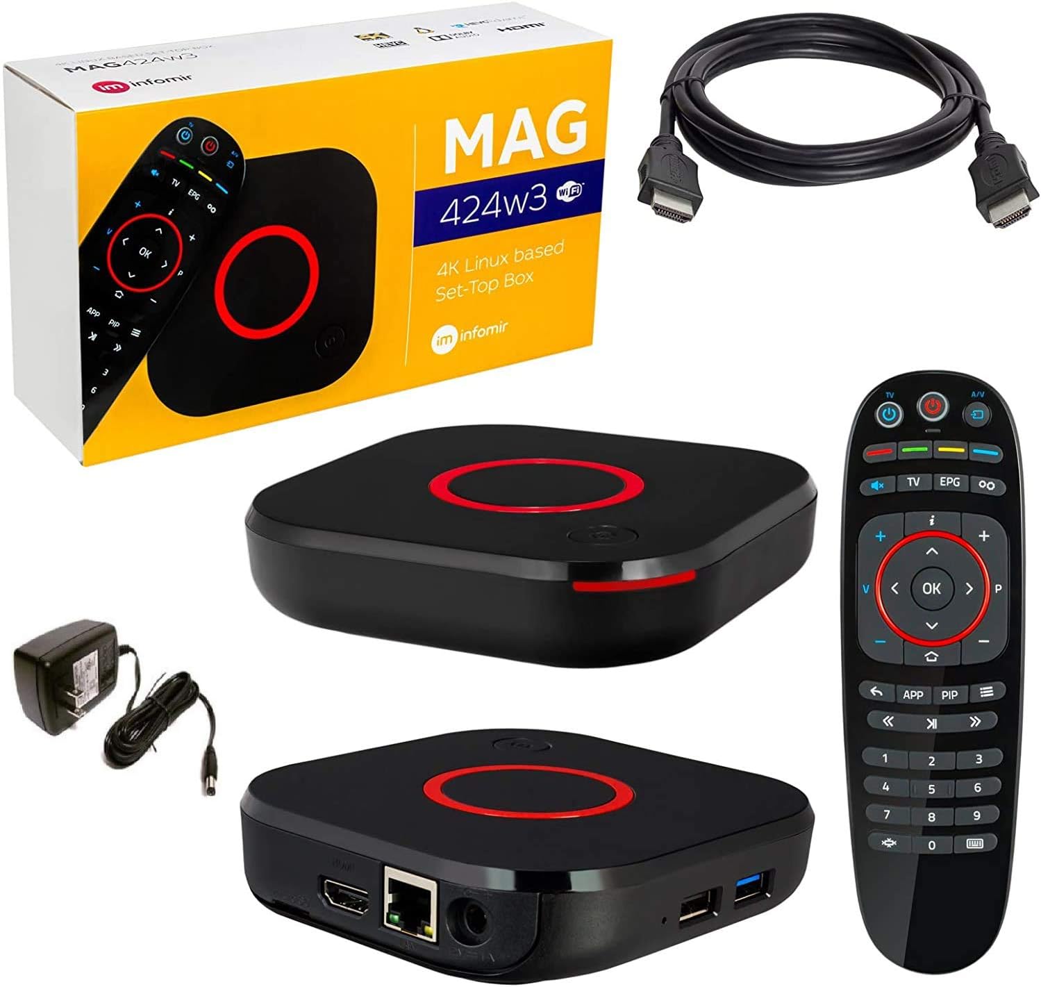 Infomir Mag 424 W3 (Mag 424W3) 4K 2160P Hevc 600Mbps Built-in Dual Band WiFi, Bluetooth, HDMI Cable 1 GB RAM, 8 GB eMMC (Faster than Mag 324w2 322W1)
