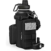 banloga Tactical Water Bottle with Straw, 32 Oz Insulated Water Jug with Molle Water Bottle Holder, Stainless Steel Sport Bottle with 2 BPA Free Lids for Gym Workout Hiking (Black)