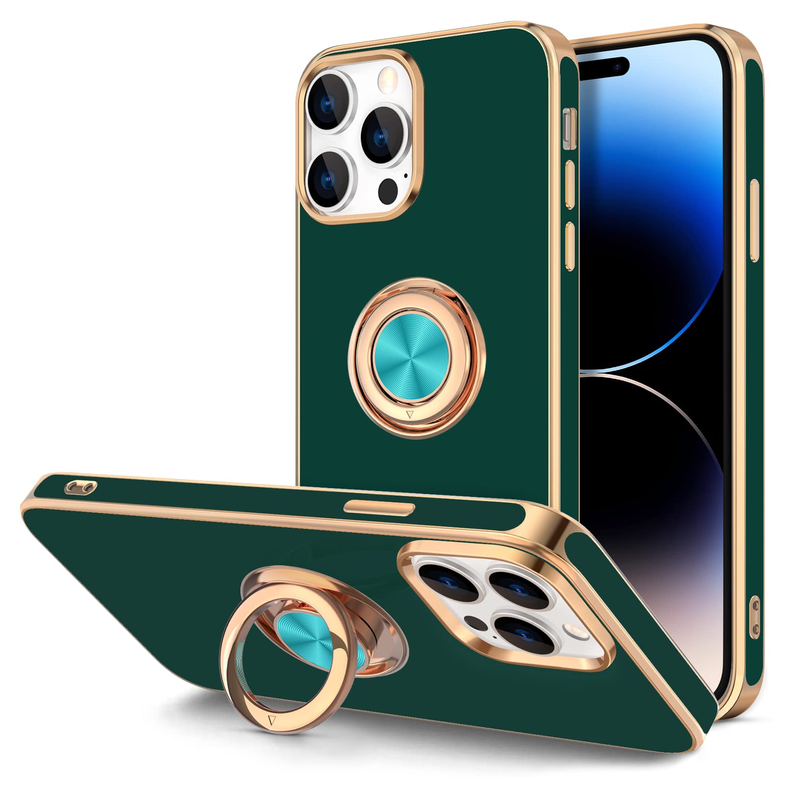 Photo 1 of Hython for iPhone 14 Pro Max Case with Ring Stand [360° Rotatable Ring Holder Magnetic Kickstand] [Support Car Mount] Plated Gold Edge Slim Soft TPU Luxury Protective Phone Case Cover, Midnight Green