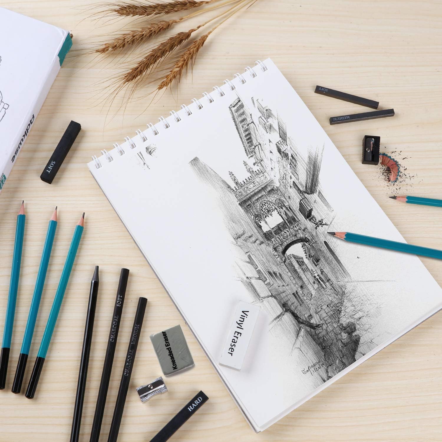 Adkwse Sketch Pencils Set, Art Supplies, Drawing Set, Graphite and Charcoal Pencils, 100 Page Drawing Pad and Kneaded Eraser, Art Kit and Supplies for Kids, Teens and Adults, Sketch Set : Office Products