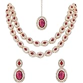 I Jewels Gold Plated Indian Bollywood Wedding Stylish Design Crystal Diamond Oval Shape Necklace With Earrings & Maang Tikka Jewellery Set for Women (IJ405Wi)