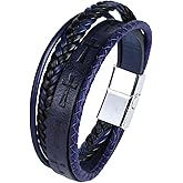 Mrcaois Mens Leather Cross Bracelet Multilayer Braided Wristband Bangle Bracelets with Stainless Steel Buckle Religious Gift for Men Brown/Black/Blue–8.3 inch