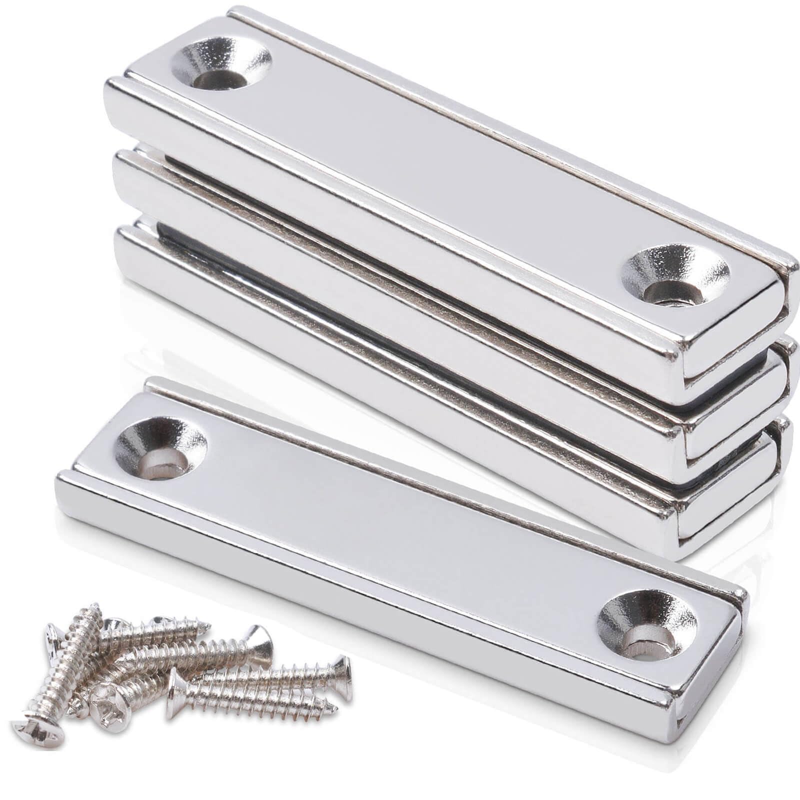 Strong Bar Magnets with Holes, 25Kg+ Pulling 50x13.5x5mm Rectangular Neodymium Magnets Heavy Duty with Countersunk Holes and Screws, Waterproof Industrial Strength Magnet for Crafts Mounting, 4pcs