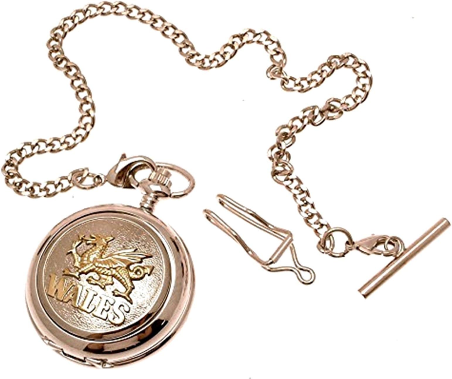 Solid Pewter Fronted Two Tone Wales Dragon Design 15 Mother of Pearl Quartz Pocket Watch