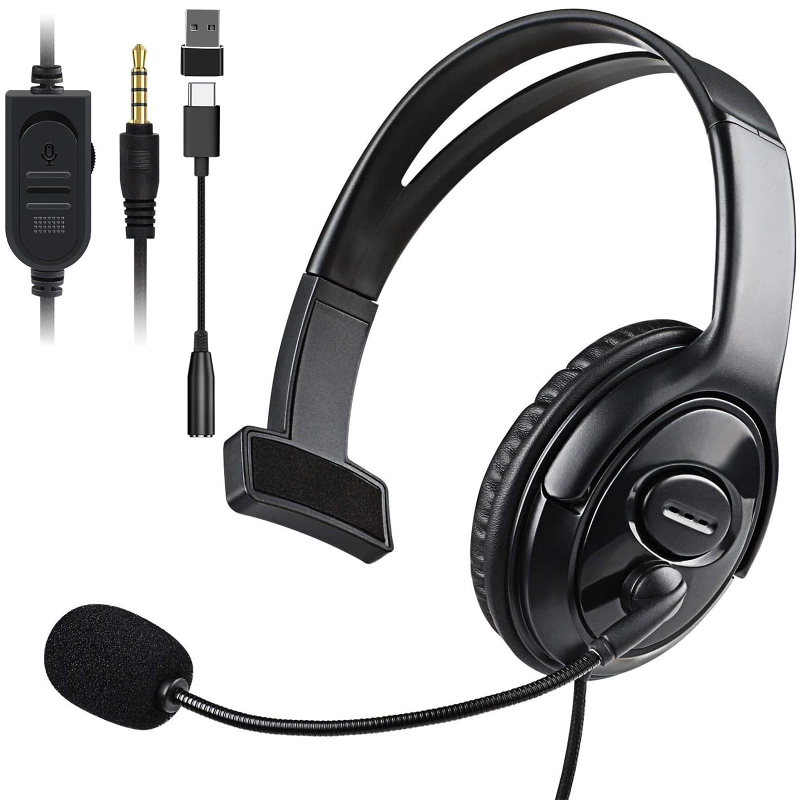 Wired Single Ear Headset with 3.5mm Jack & USB-C & USB-A Adapter for PS5, PS4, Xbox, Switch, PC, iPhone, iPad, Android - Unilateral Mono Headphone for Gaming, Call Center, Remote Work, Online Classes