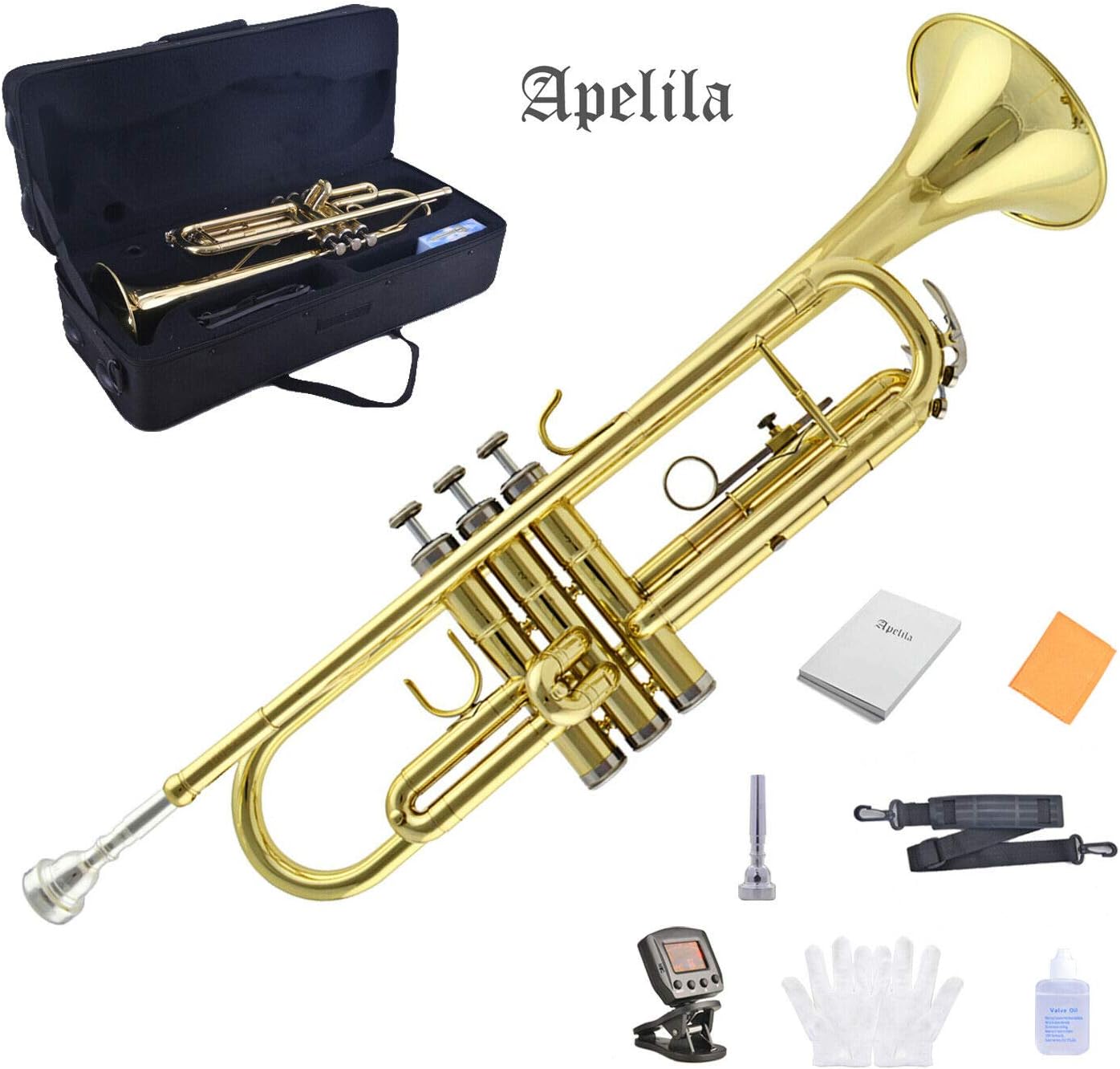 Apelila Gold Trumpet Brass Standard Bb Trumpet-Student Beginner with Hard Case,Gloves,Mouthpiece,Soft Cleaning Cloth,Strap,and Valve Oil: Musical Instruments