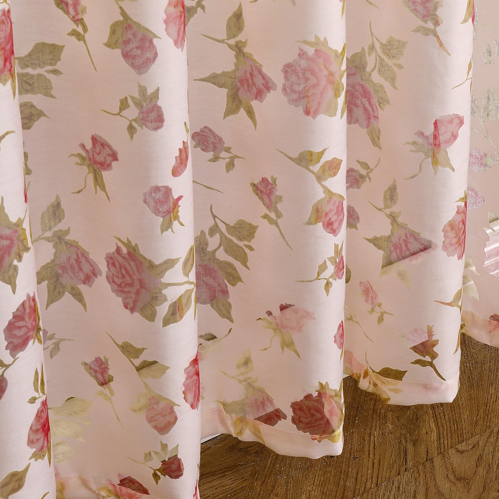 BUHUA Voile Curtains, Semi-Transparent Flower Curtains with Ruffle Tape, Curtain Scarves Pattern, Transparent Curtains for Living Room, Set of 2, 245 x 140 cm (H x W), Pink