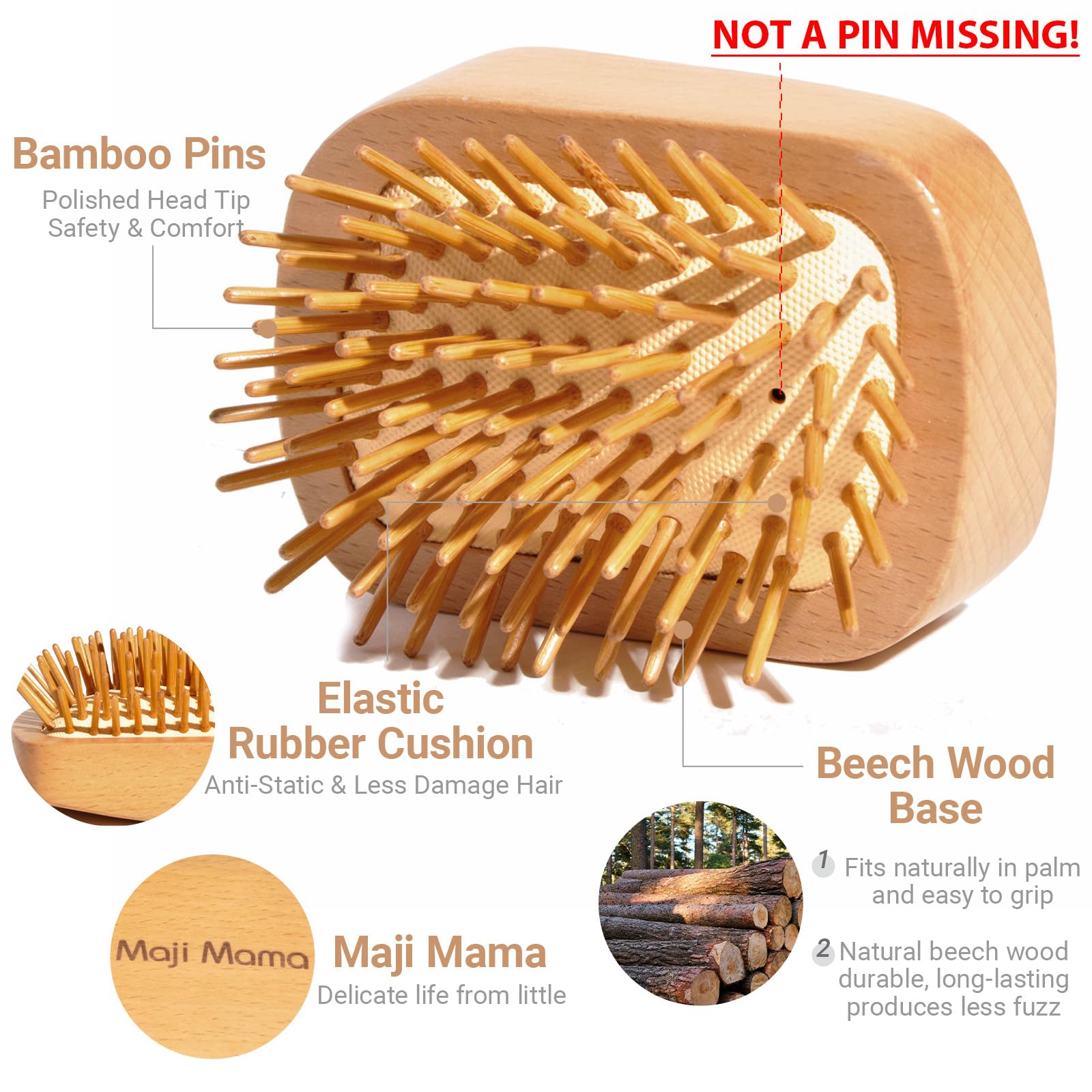 Maji Mama Handmade Natural Wooden Hair Brush Hairbrush with Bamboo Pins Massage Scalp & Detangling All Hair Types For Hair Growth,Scalp Massager Mini Brush No Handle Design
