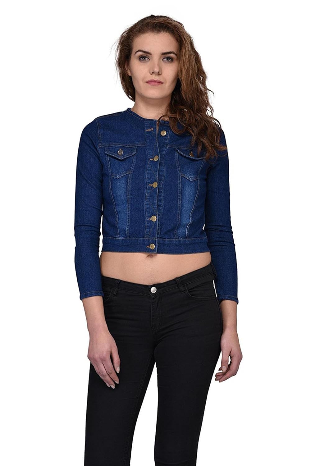 g.s.a enterprises stylish 3/4 sleeves round neck dark blue women's denim jacket