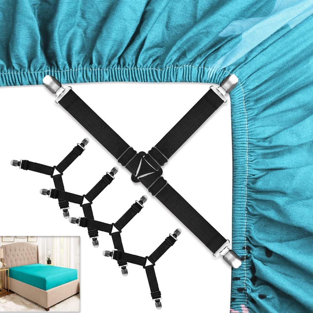 4Pcs Bed Sheet Clips, Triangle Adjustable Bedsheet Straps, Mattress Cover Fasteners Elastic Holder for Bed Sheets Mattress Corner Grippers Holder Clips Sofa Cushion Bedding Fastener Clamps