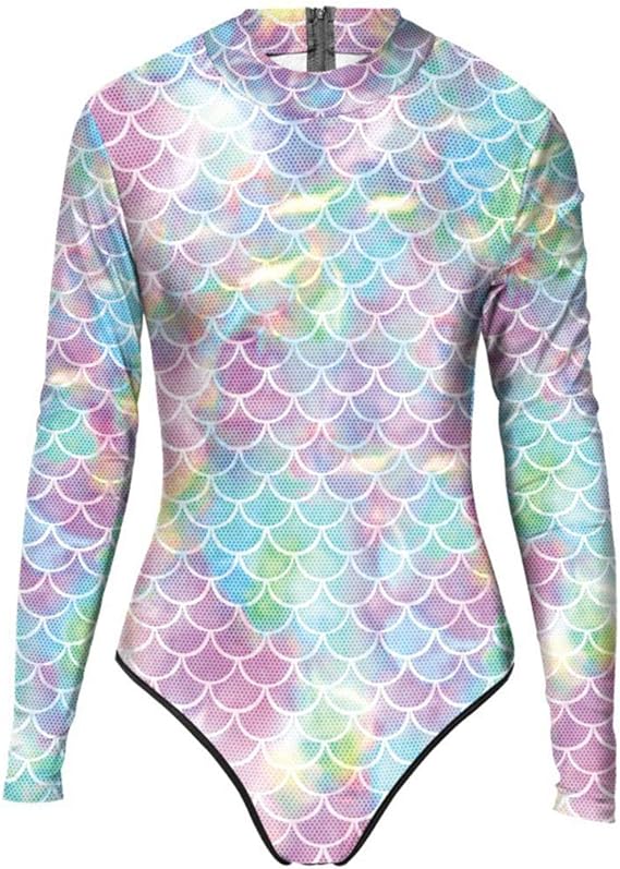 Amazon レディース ワンピース水着 長袖 おしゃれ 魚の鱗 3dプリント スリムウエア 速乾性 スポーツ水着 スイミング スイムウェア ワンピース 通販