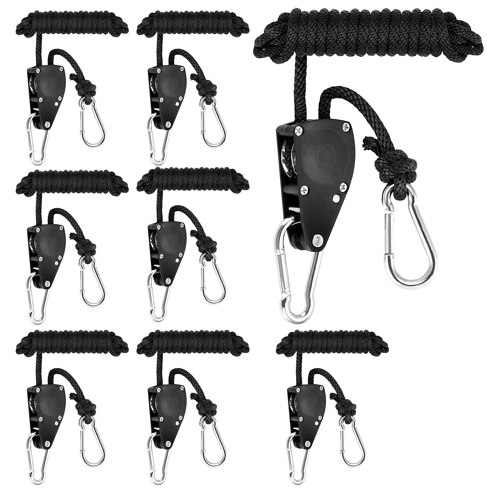 Photo 1 of HEIHAK 4 Pair 1/4 Inch 8 Feet Long Adjustable Rope Clip Hanger, Grow Light Ratchet Hanger with Reinforced Internal Metal Gears for Hanging, 150lb Bearing Capacity Per