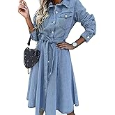 utcoco Denim Dress for Women 2025 Casual Belted Long Sleeve Button Down Midi Jean Dresses with Pockets