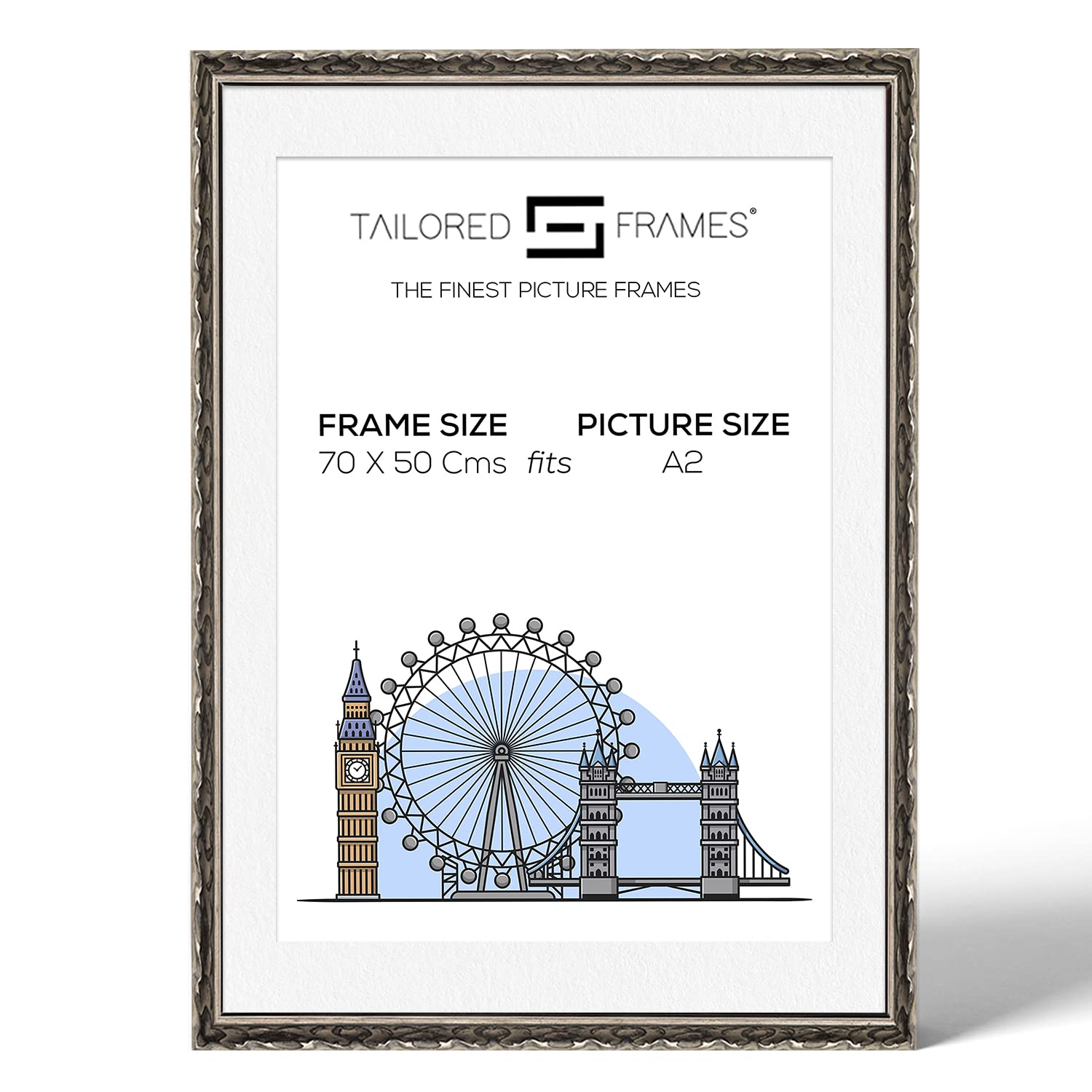 Tailored Frames Vienna Silver 70 X 50 cm Frame for A2 Picture | Rustic Style Vintage Single Picture Frame | Wall Hanging Type | Photo Frame with White Mount