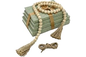 Decorative Books for Home Decor-Set of 4 Real Linen Hardcover Books with Blank Pages, Stacked Books with Wood Bead Garland, J