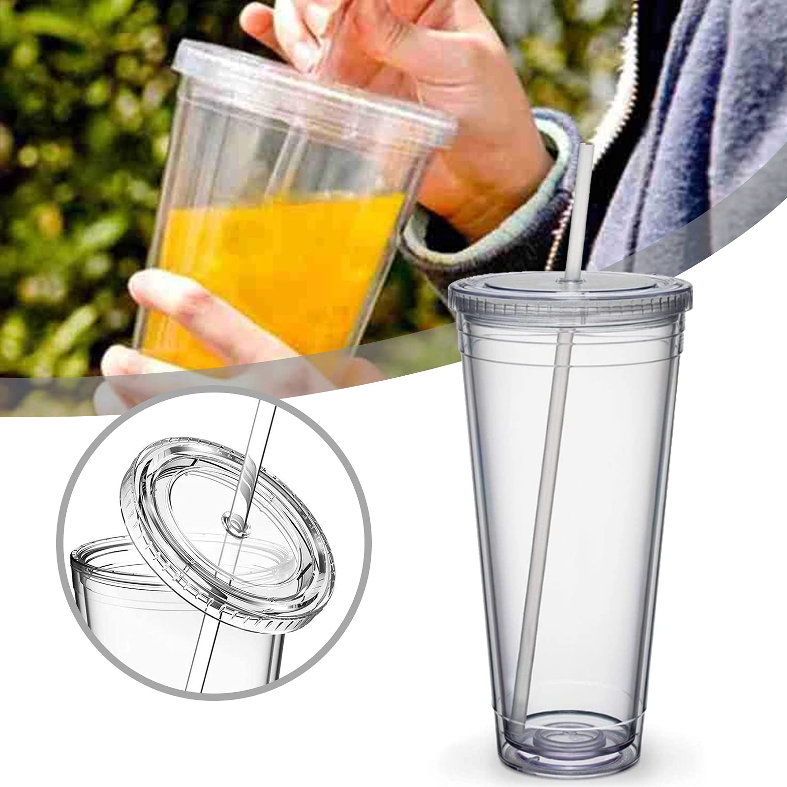 EUNEWR Double Walled Plastic Travel Cup With Straw - Transparent Drinking Cup for Fruit Juice, Smoothie, Coffee