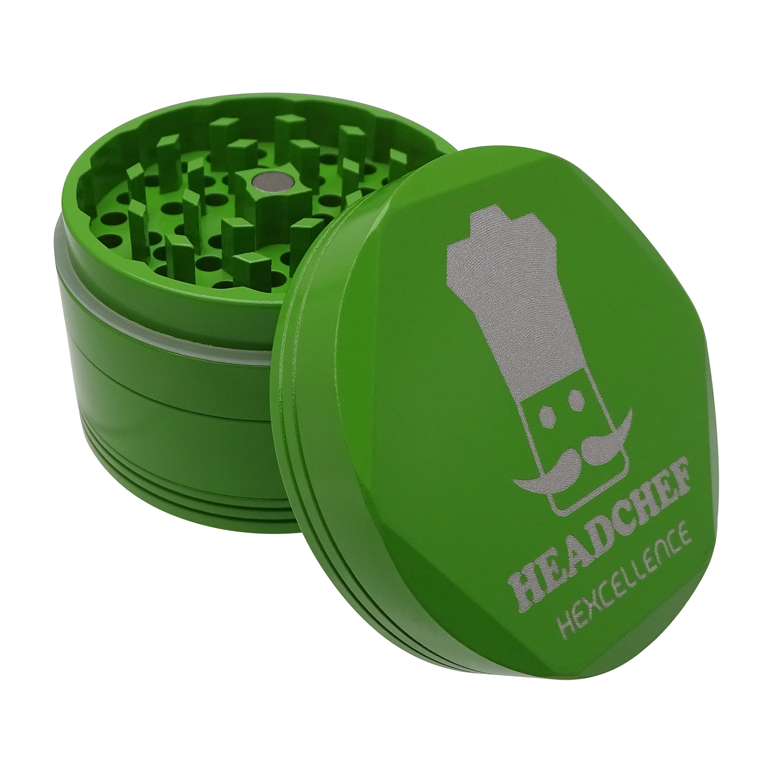Headchef Hardcore Hexellence Ceramic Non-Stick Coated Metal Herb Grinder, 4 Piece, 62mm (Green)
