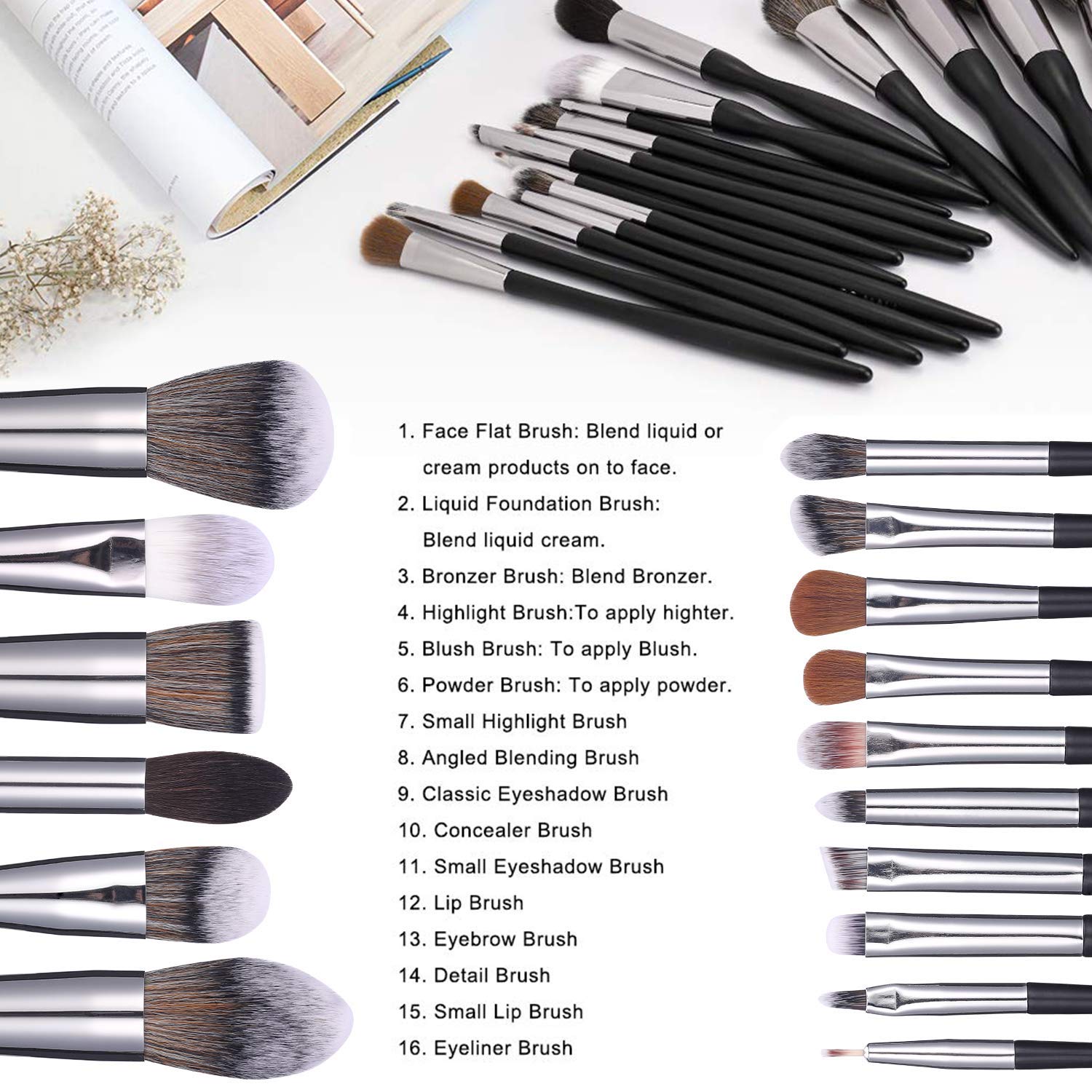 BS-MALL Makeup Brush Set 16pcs Makeup Brushes Premium Synthetic Bristles Powder Foundation Blush Contour Concealers Lip Eyeshadow Brushes Kit: Beauty