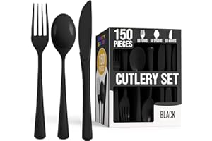 EXQUISITE Party Solids Black Plastic Silverware Heavy Duty 150 Pieces Black Plastic Cutlery Sets, Utensil Sets, 50 Of Each Forks, Knives & Spoons Disposable Cutlery Set, Flatware Set For Party Supplies