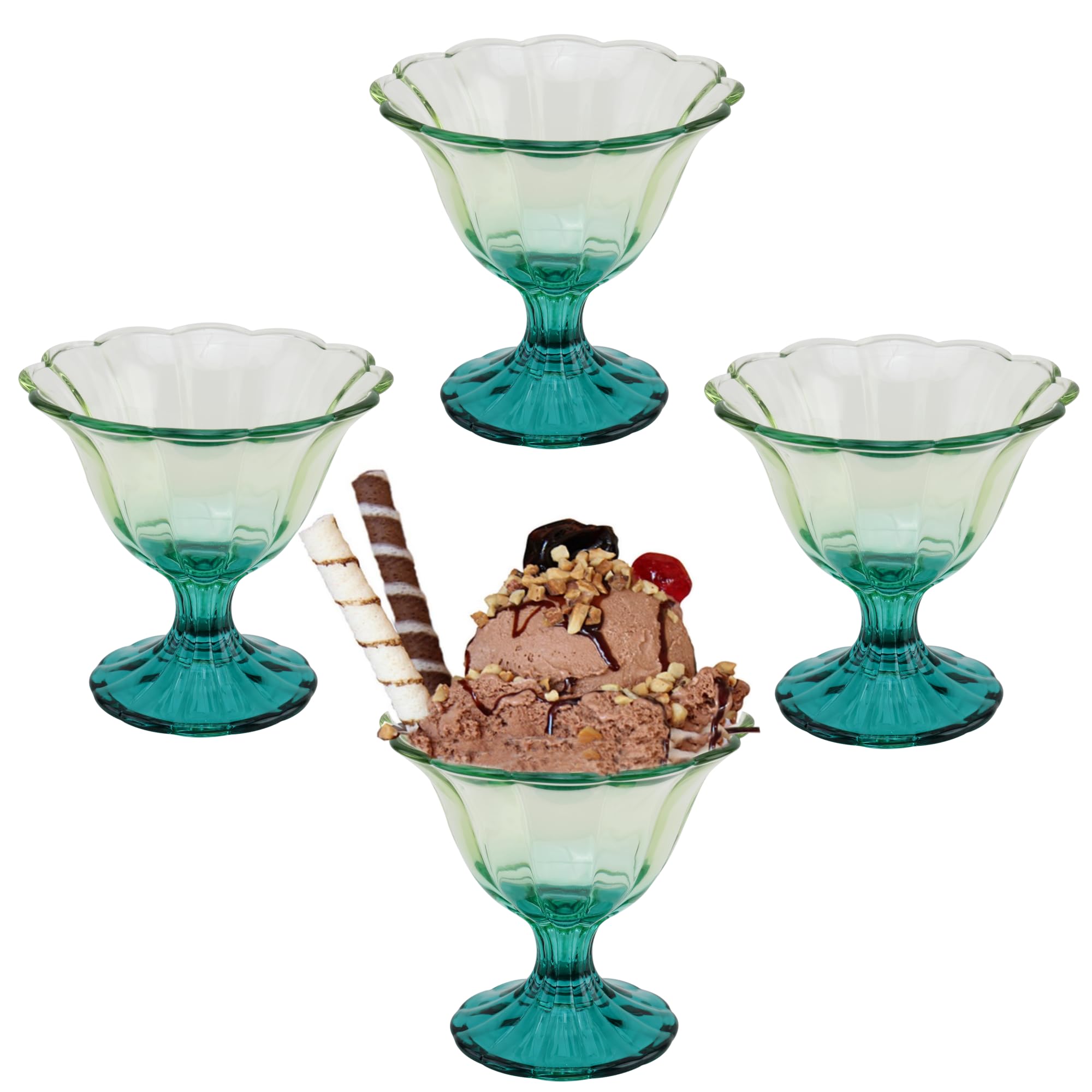 Glass Dessert Bowls 10 Oz Set of 4 Ice Cream Cups Footed Bowl Green Clear Drinking Cup for Sundae, Dessert, Candy, Fruit, Ice Cream, Snack Pudding