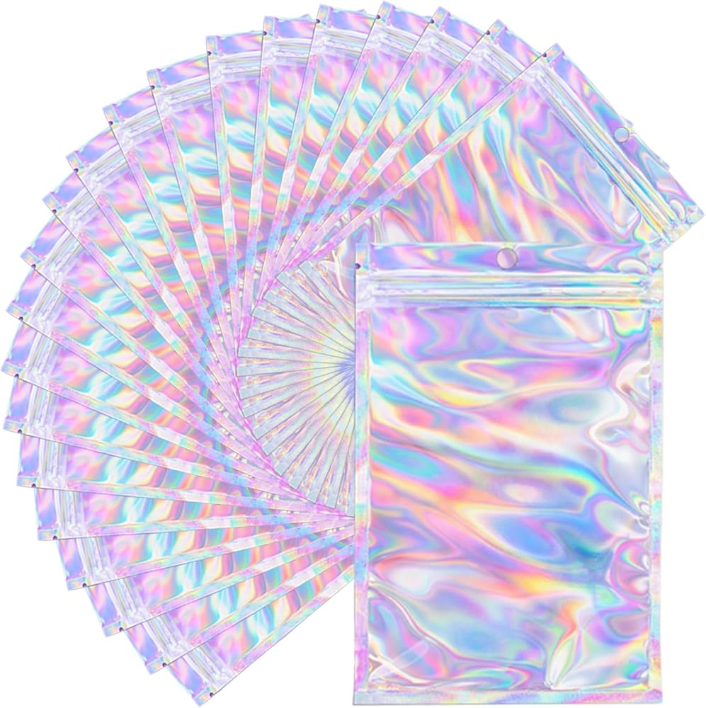 UWJIX Mylar Holographic Bags 3x4.7 Inch,100 PCS Small Clear Zipper Resealable Smell Proof Baggies,Holographic Plastic Packagi