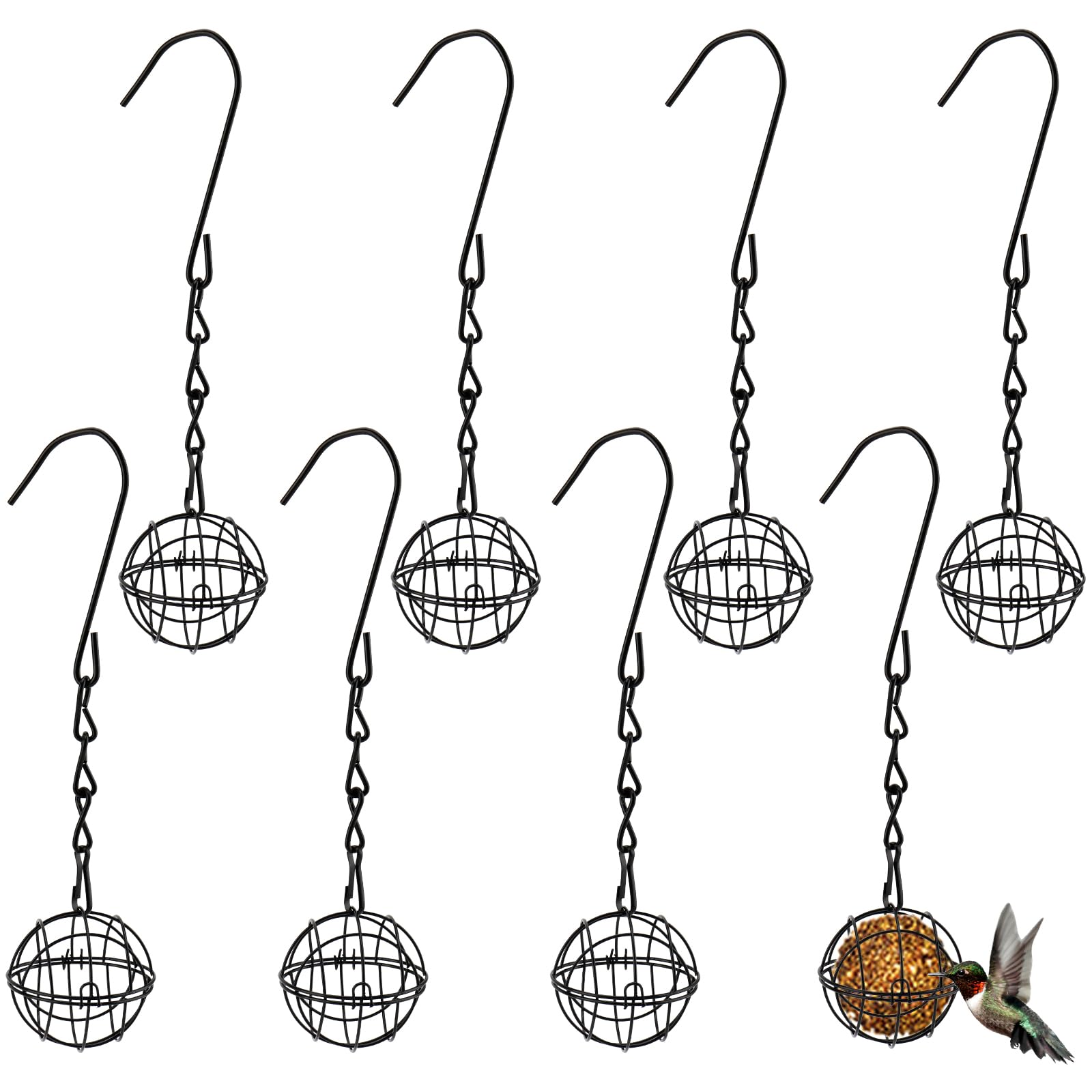 HAKZEON 8 Sets 7cm Fat Ball Feeders, Hanging Bird Feeder with Hooks and Chains, Metal Fat Ball Bird Holder for Wild Birds Finch Sparrow Robin Outdoor Garden, Black