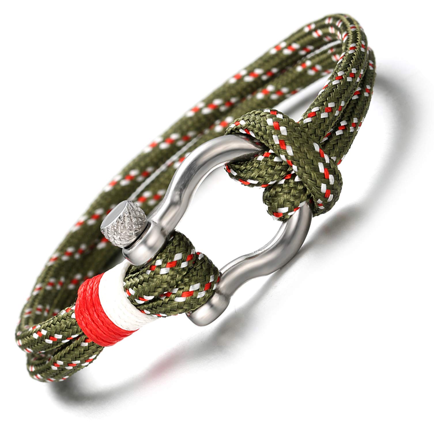 HALUKAKAH ● SAIL ● Men's Nylon Rope Cord Bracelet Multilayer Army Green Handmade Silver Screw Clasp 8.26"/21cm with Free Giftbox