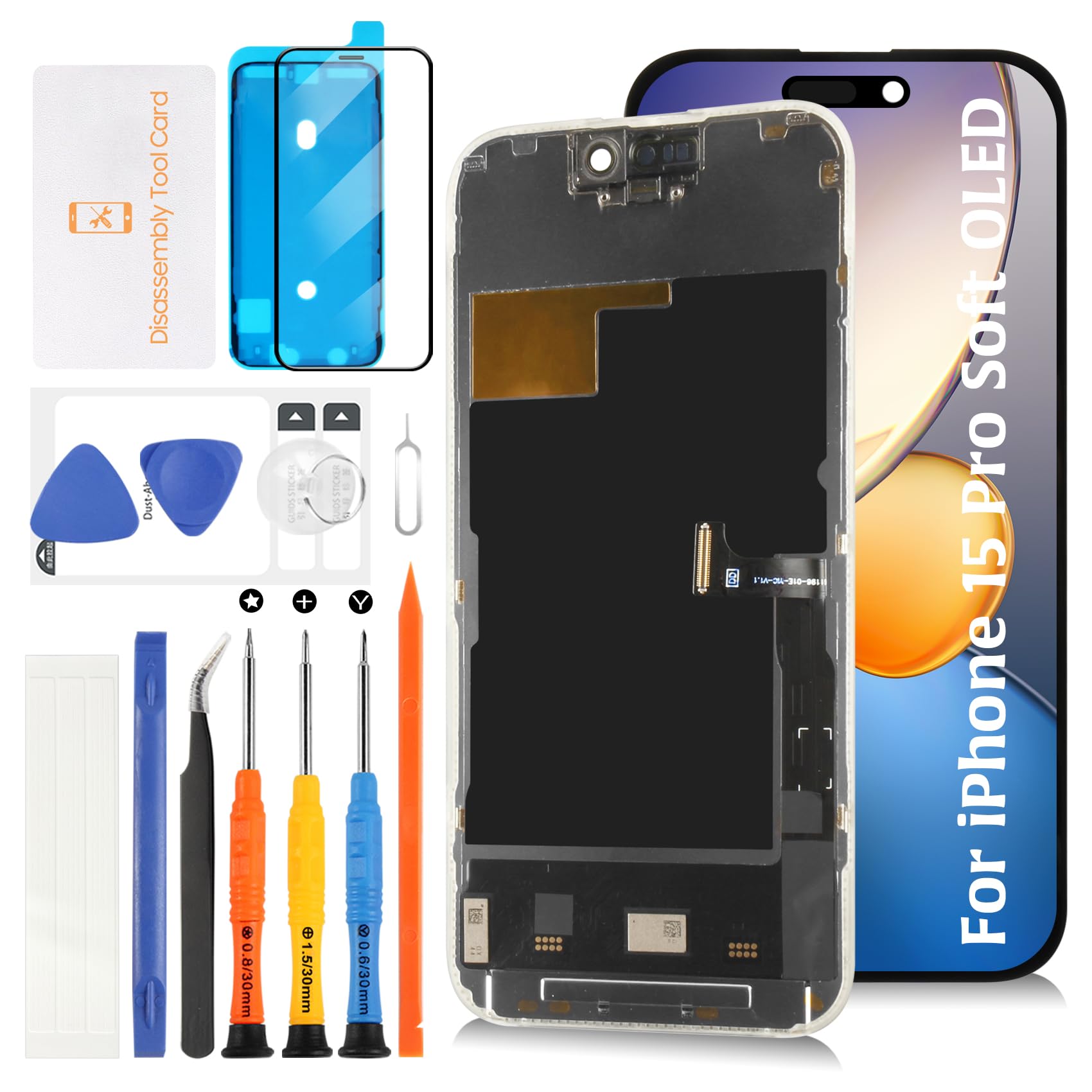 Photo 1 of Olivechard Soft OLED for iPhone 15 Pro [120Hz Promotion+Proximity Sensor] 6.1 inch 3D Touch Screen Replacement LCD Display Touch Digitizer Assembly A3102 A2848 A3101 A3104 with Repair Tools