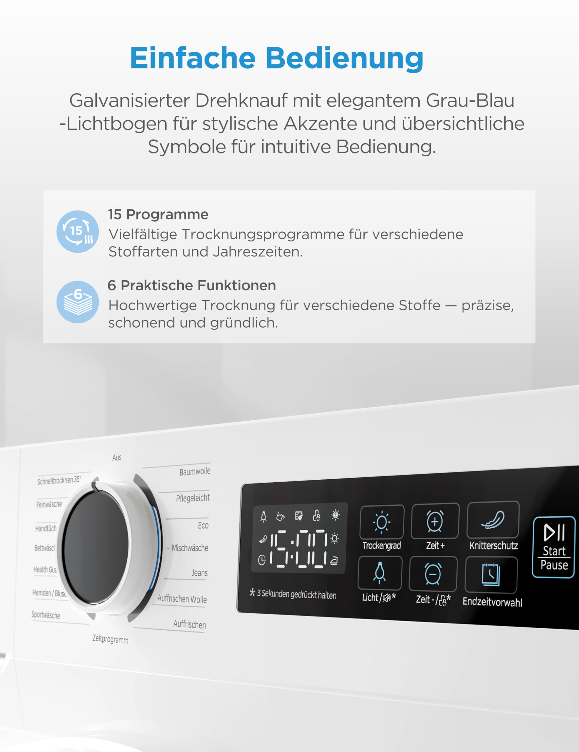 Midea MD11EH80BD Wärmepumpentrockner, 8 kg, Energieklasse D, Schnelltrocknen 35', HealthGuard, Sensor-Trocknung,Auffrischen,Knitterschutz, Auffrischen Wolle, Weiß 4