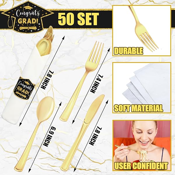 MEANPLAN 50 SETS 2026 GRADUATION PARTY SUPPLIES TABLEWARE SET GOLD PRE ROLLED SILVERWARE FOR 50 GUESTS CLASS OF 2026 DISPOSABLE DINNERWARE FOR COLLEGE HIGH SCHOOL CONGRATS GRADUATION PARTY FAVORS