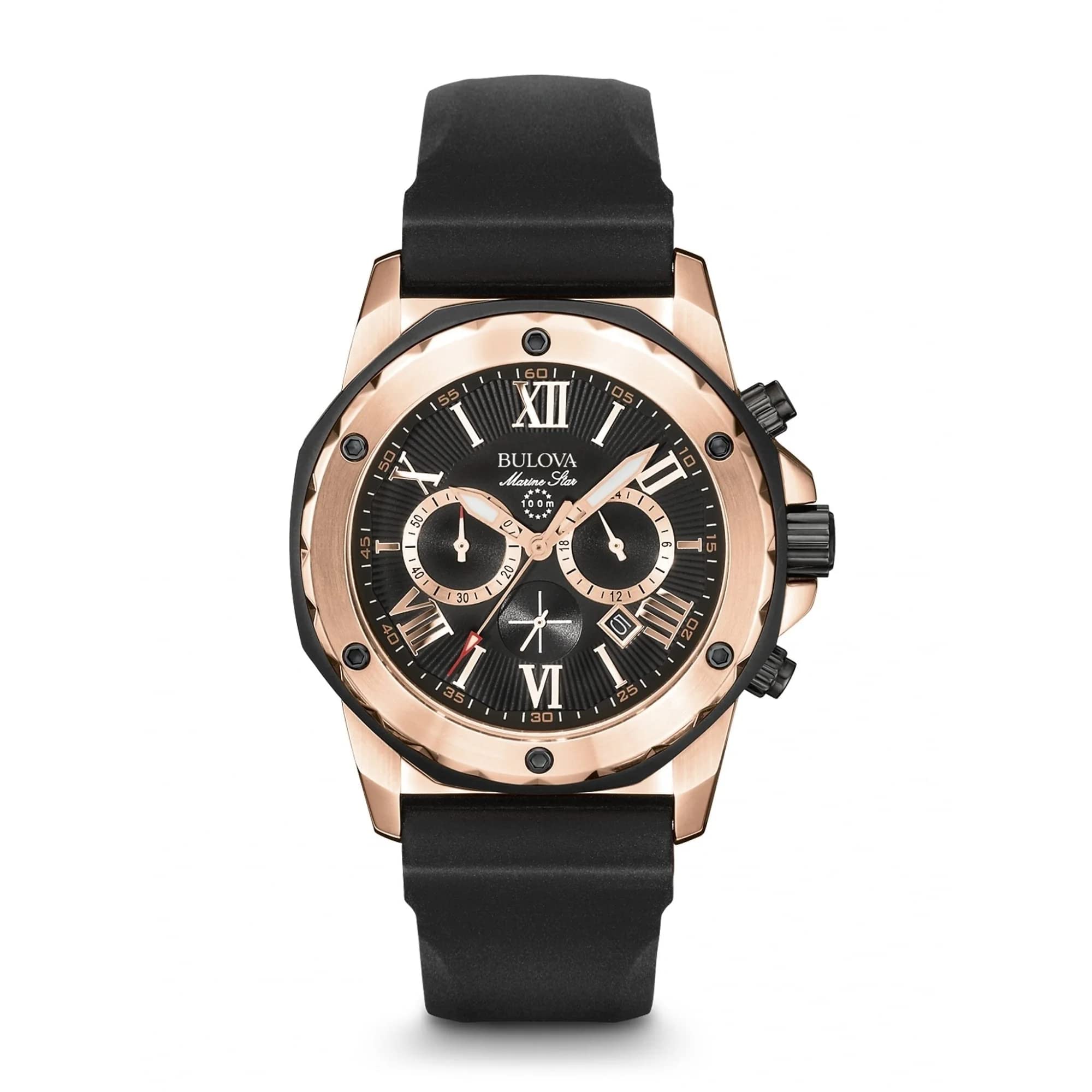 Bulova Marine Star Series A Reloj de cuarzo con cronógrafo de acero inoxidable y oro rosa de 6 manecillas, correa de silicona negra Estilo: 98B104