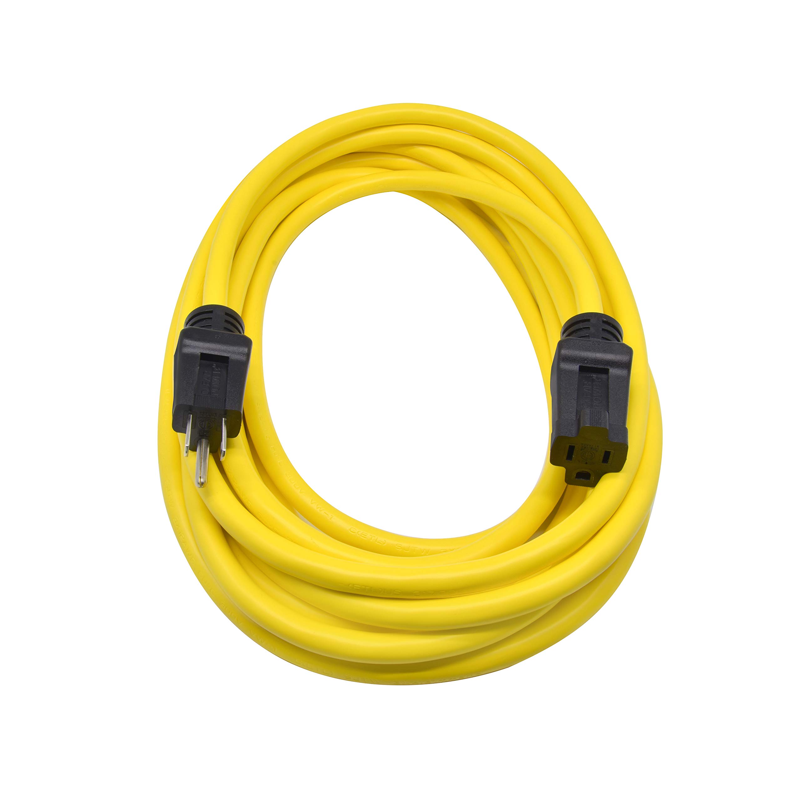 Clear Power 25 ft Heavy Duty Outdoor Extension Cord 12/3 SJTW, Yellow, Water & Weather Resistant Flame Retardant, 3 Prong Grounded Plug, DCOC-0144-DC