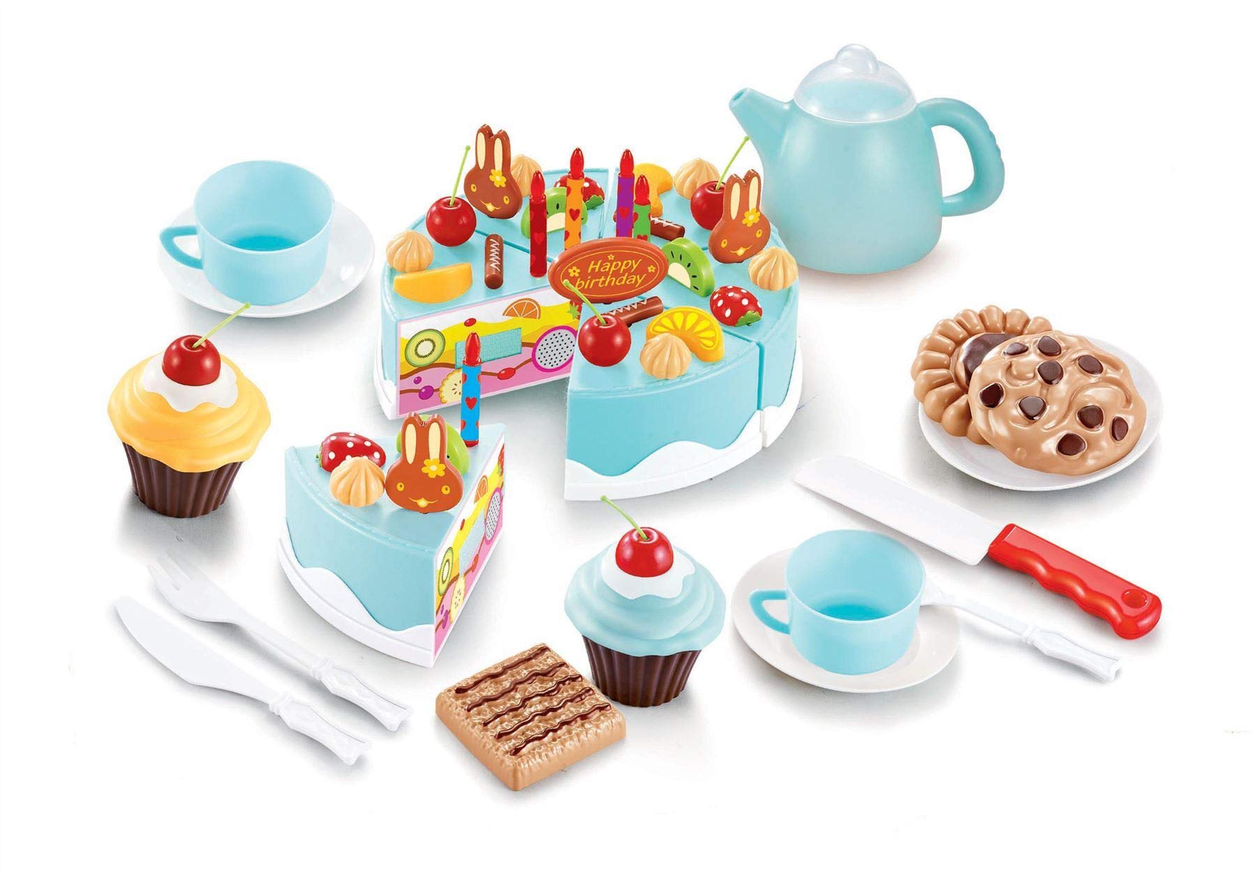 SOKA 54pc Birthday Party Cream Fruit Cake Dessert Cookies Cupcake Pretend Role Play Toy Food Set Afternoon Tea Party for Kids Children Girls Boys Age 6 year old +