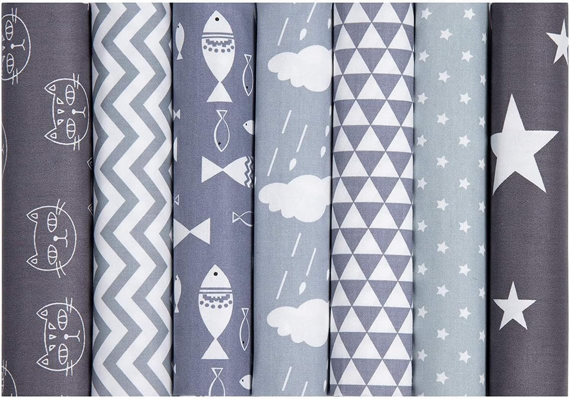 CraftsFabrics 7pcs/Lot (16"x20") Printed 100% Cotton Fat Quarters Fabric Bundles for Quilting, Scrapbooking, Arts & Crafts, DIY Projects, Collage | Grey Fabric, Quilting Fabric, Material for Sewing