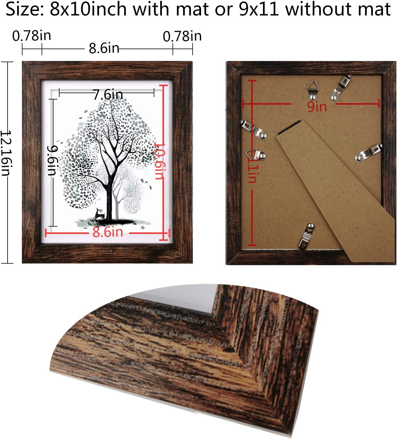 8x10 Picture Frames Rustic Brown with Mat Photo Frames 4 Packs for Tabletop or Wall -