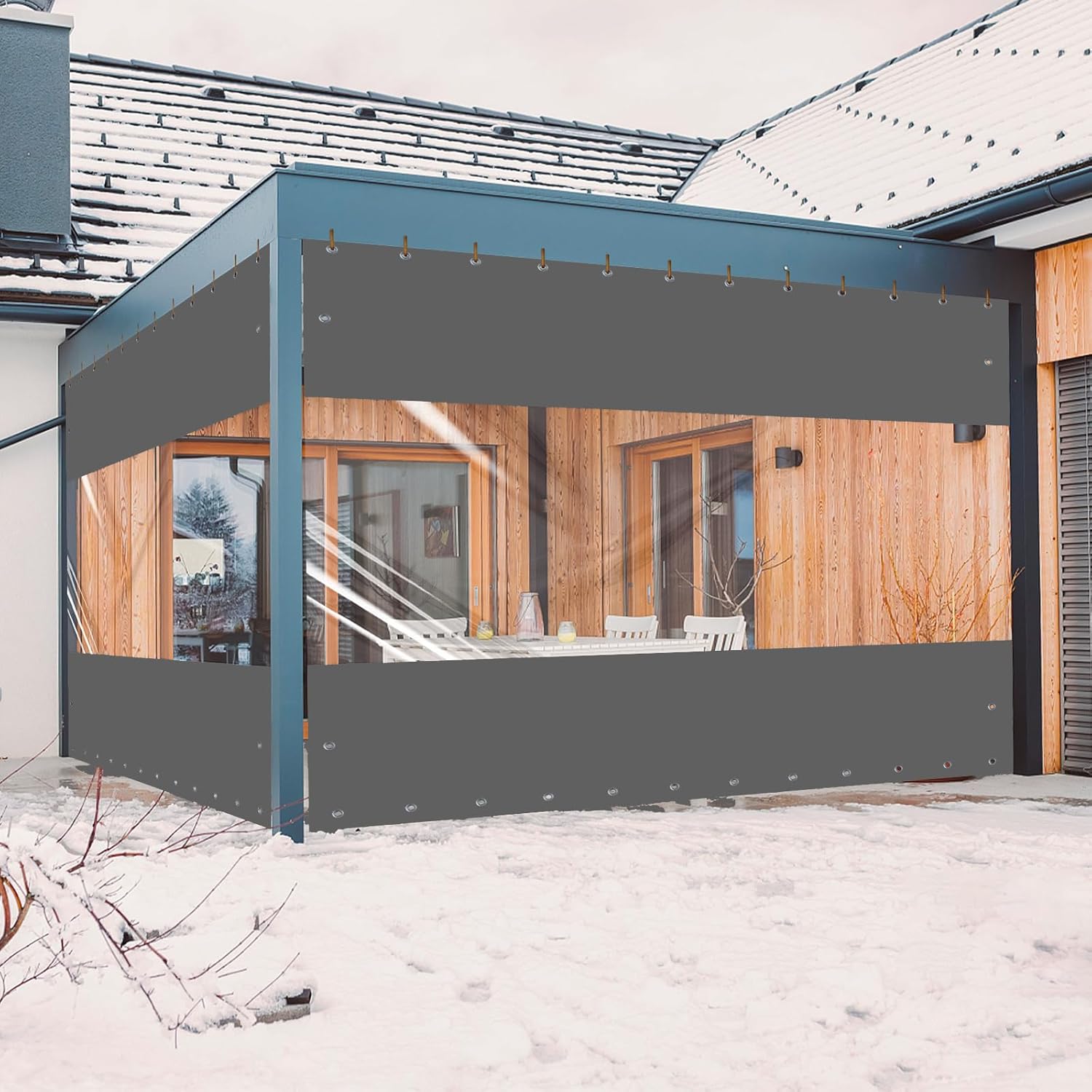 Outdoor Curtains - Ezcasch 20 Oz Outdoor Vinyl Curtain, Outdoor Clear Panel Curtain, Weather Resistant Outdoor Curtain for Pergola, Porch, Gazebos, with Rustproof Grommets (10'H x 10'W, Dark Gray)