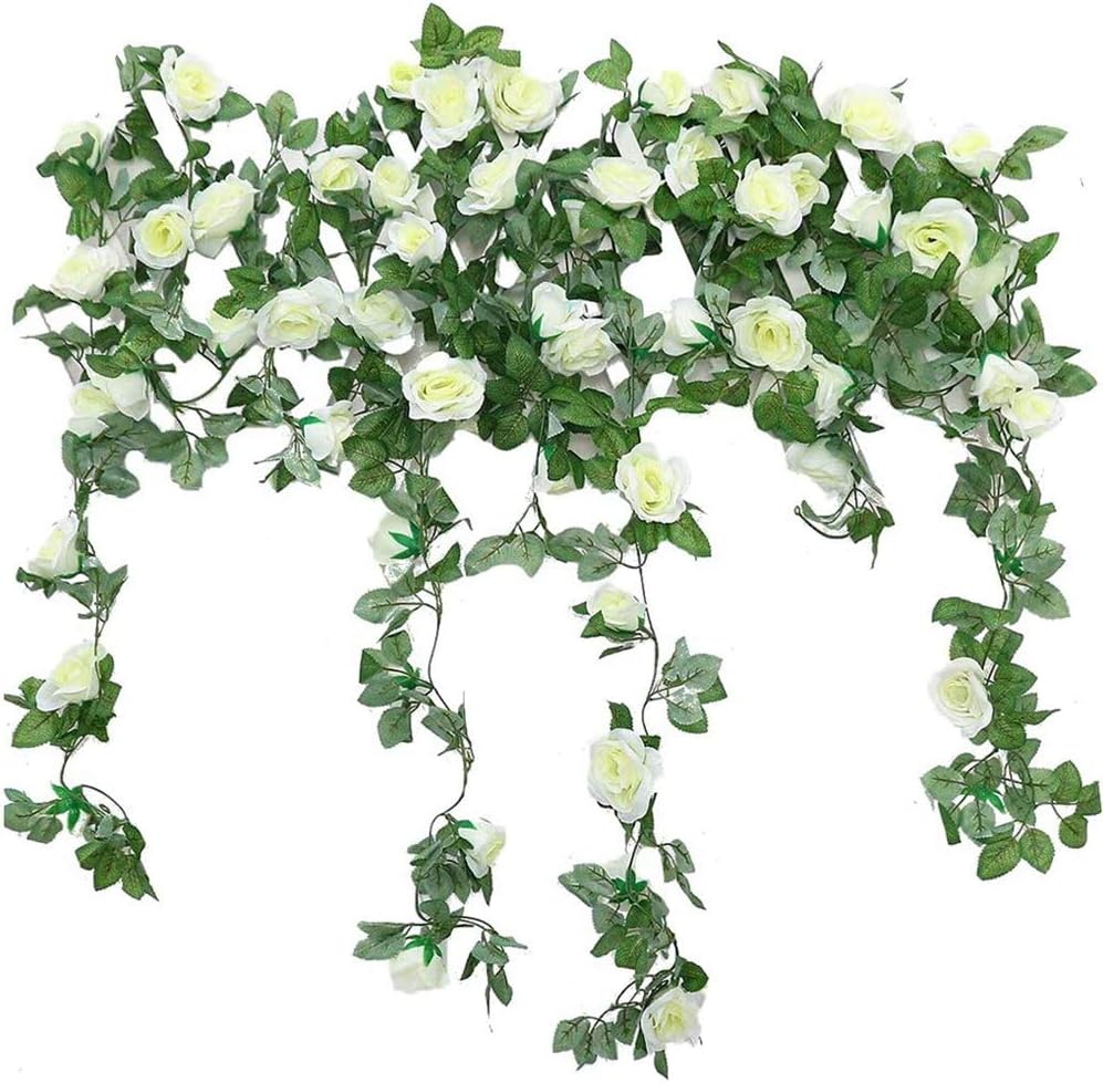 JUSTOYOU 2PCS 7.3FT Artificial White Rose Garland Vines Hanging Silk Flowers Artificial Flower Fake Garlands for Outdoor Indoor Wedding Wall Garden Badroom Decoration(White)
