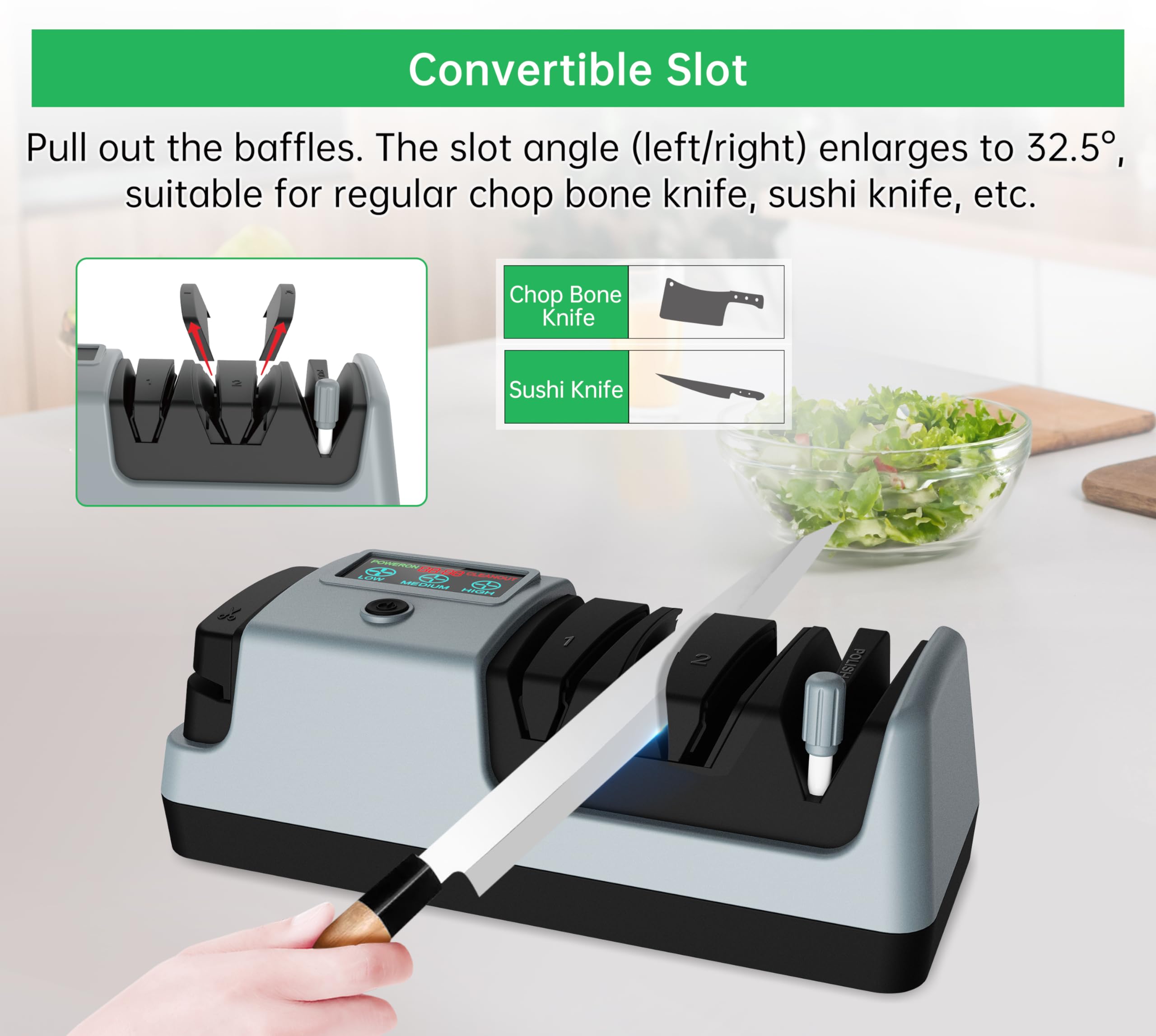 YOORLEAY 5 in 1 Elektrischer Messerschärfer-3 Rotationsgeschwindigkeiten einstellbare elektrische Messerschärfer, geeignet für Messer mit gerader Klinge, gezackte Messer & Scheren,Grau 4