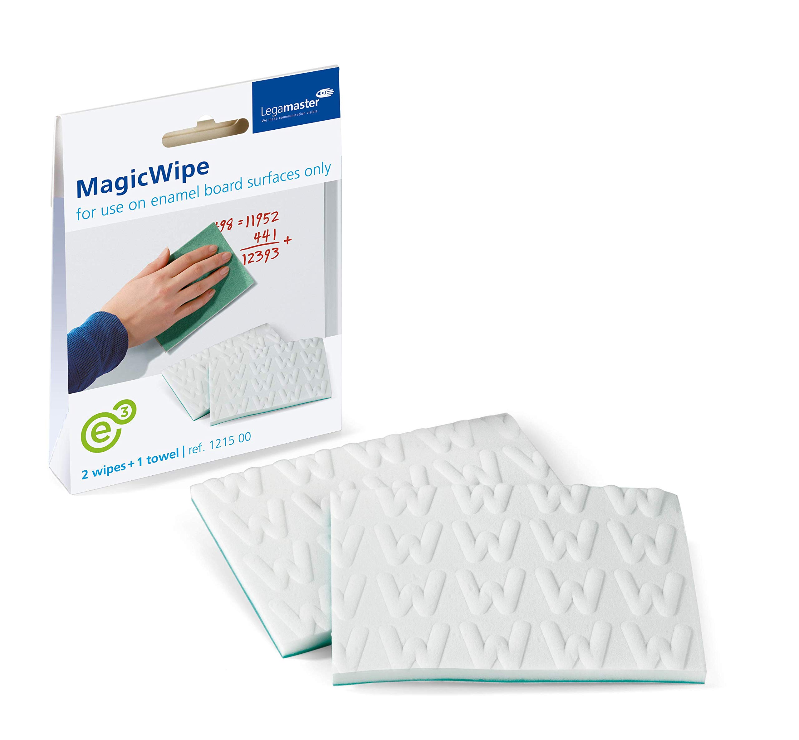 Legamaster MagicWipe Whiteboard Eraser Pads - Set of 2 Foam Pads + 1 Drying Towel - Reusable - for Enamel Steel Boards