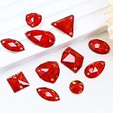 JINJIAO Sew On Glass Rhinestone,70Pcs Mix Shape Sew On Crystal Flatback Sewing Gems with Holes for Clothes Shoes Dress Costume Garment DIY Crafts，Red