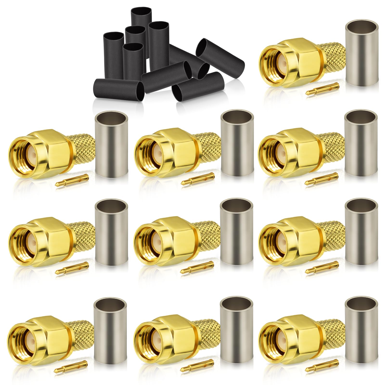 Bingfu SMA Male Crimp Connector Solder Attachment 50 Ohm Gold Plated Copper Connector (10-Pack) Compatible with RG58 RG303 RG141 RG142 RG400 Low Loss 195 Coaxial Coax Jumper Cable