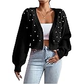 SHENHE Women's Pearl Beaded Open Front Cardigan Oversize V Neck Drop Shoulder Cropped Sweater
