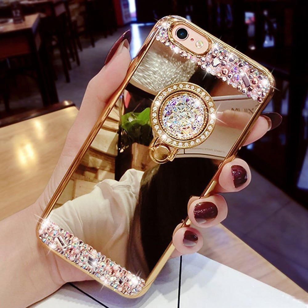 Cotdinfor Iphone 11 Pro Max 6 5 Mirror Makeup Case For Girls Slim Standing Cover Bright Bling Crystal Diamond Glitter Mirror Case Tpu For Iphone 11 Pro Max 19 Flower With Ring Mirror Gold