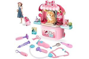 MAGIC4U Pet Cat Care Carrier Suitcase Toy, 29PCS Vet Clinic and Doctor Kit for Kids, Pet Kitty Grooming Feeding Toys, Veterinarian Pretend Play Set, Gifts for Boys and Girls Ages 3-12